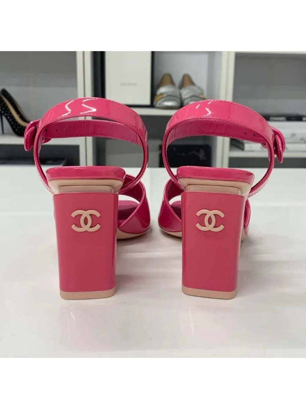 Chanel CC Logo Patent Strap Sandals Pink